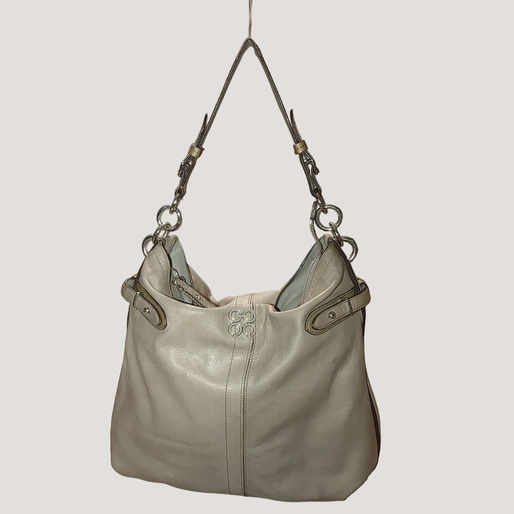 Coach Colette Magenta Large Beige Leather Tote Bag Blue Interior Silver Hardware